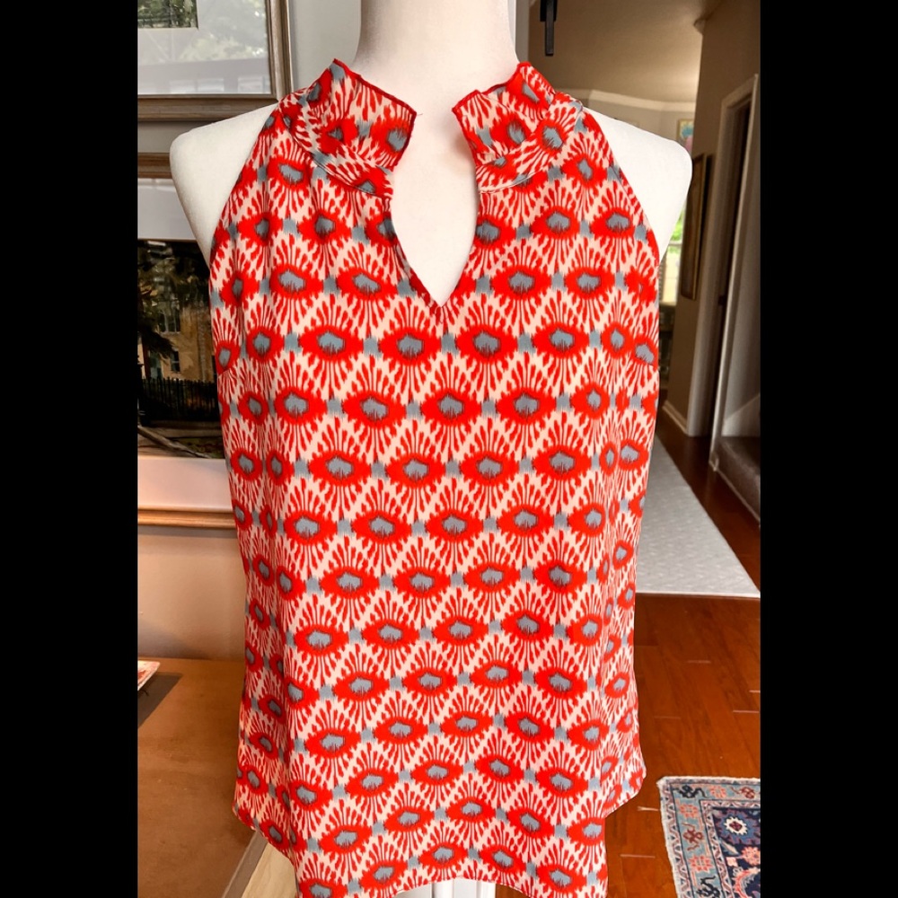 Coral and blue/grey and cream Cabi blouse. Size small